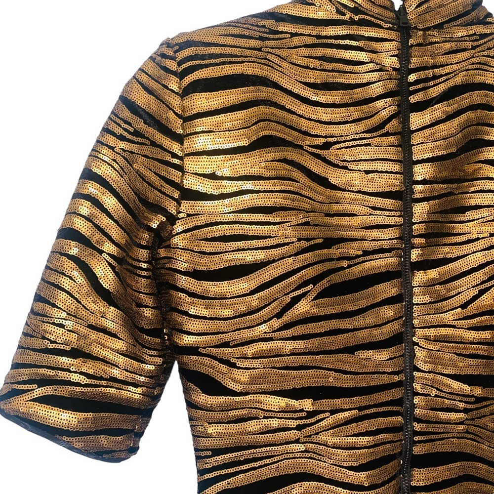 Alice & Olivia Gold Bronze Sequin Stripe Velvet Inka Evening Mini Dress - Picture 11 of 16